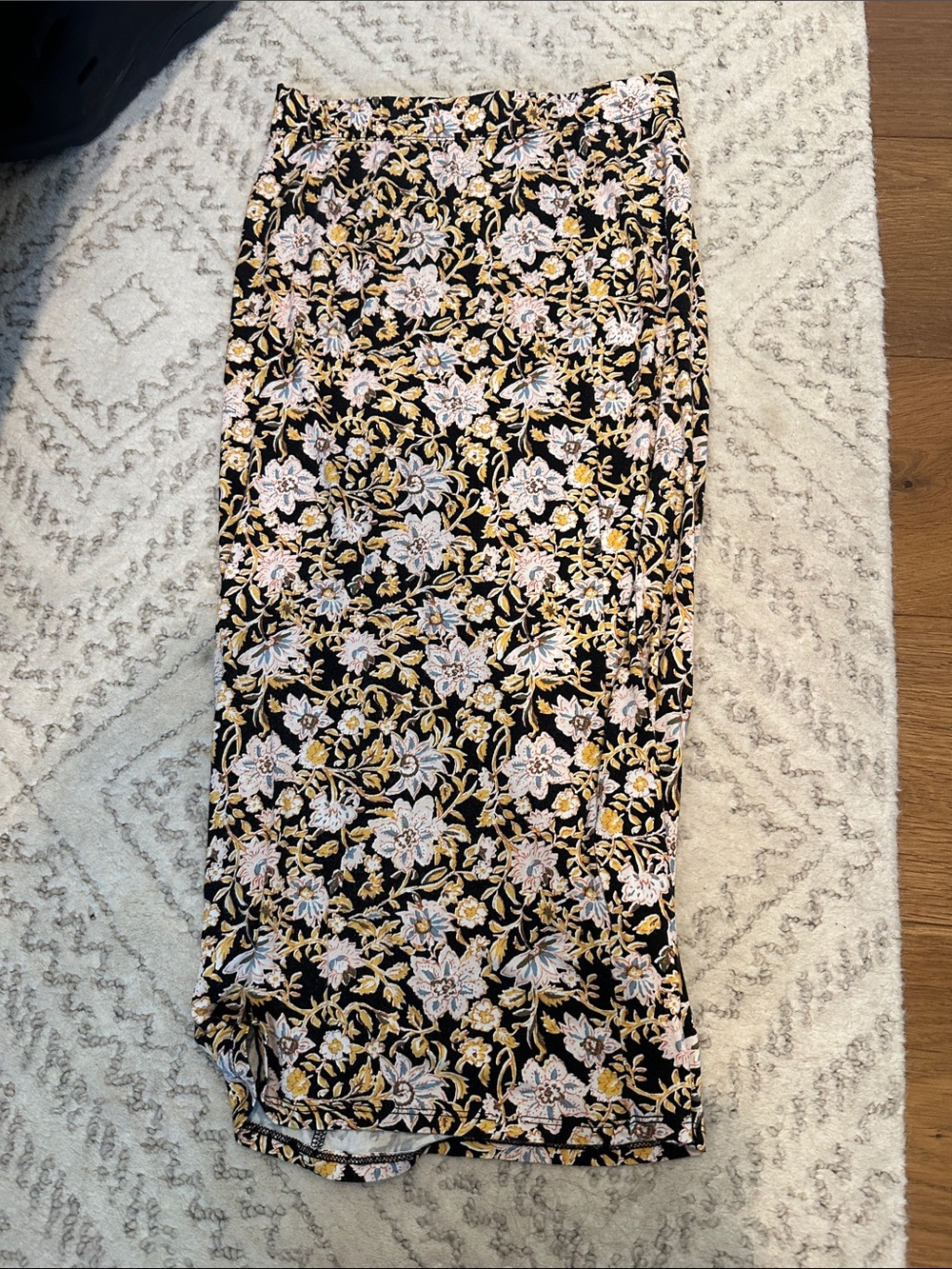 Billabong Black Midi Skirt with Pink and Gold Floral Embroidery